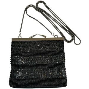 Sequin Beaded Evening Bag by LOFT, Black Satin, Shoulder Strap or Clutch Style